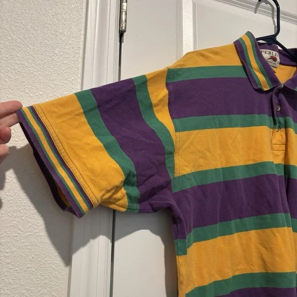 PERLIS Mens USA Mardi Gras Striped Crawfish Cotton Polo Golf Shirt XL Preppy - Picture 2 of 5
